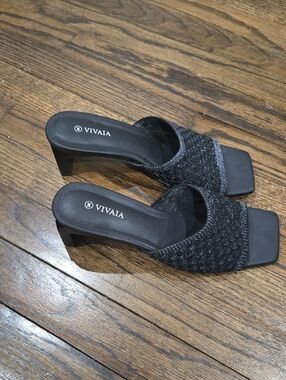 Vivaia Juliet Pro Black Knit Square Toe Heel Sandals 38